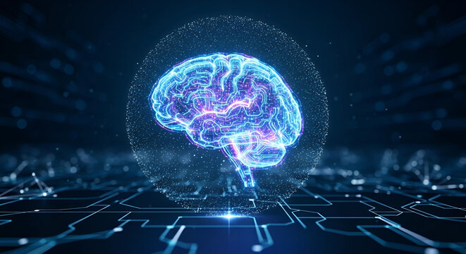 Futuristic AI Brain with Glowing Circuits and Particles on Blue Cyber Background