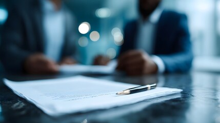 Business professionals reviewing an investment contract in a modern office setting