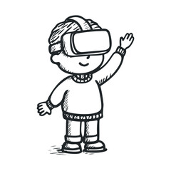 Fototapeta premium Cartoon child wearing vr headset in sketch style