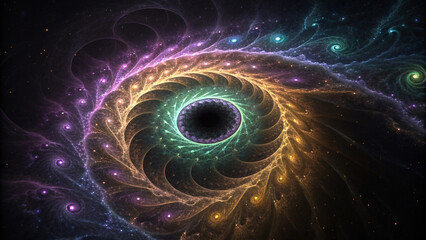 Vibrant abstract fractal spiral galaxy with colorful glowing stars