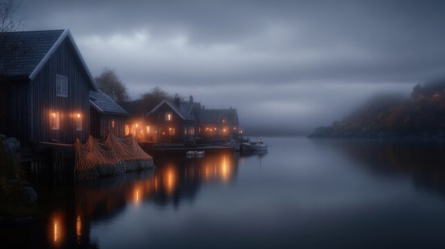 Misty lake village with glowing lights and reflected wooden houses at dusk - Powered by Adobe