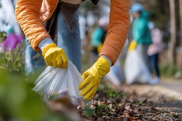 Volunteer Trash Pickup for Earth Day: Charity Cleaning Outdoors at Park for a Sustainable Environment
