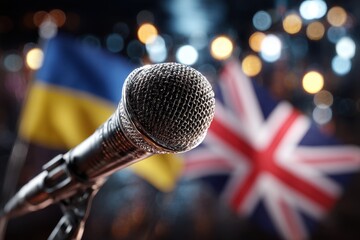 Vote Music: Eurovision Song Contest Concert with Microphone and Blurry Ukraine and Great Britain Flags