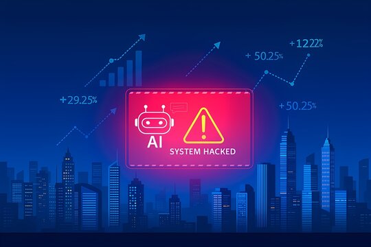Futuristic City Skyline with Cybersecurity Breach Alert and AI System Hack Warning