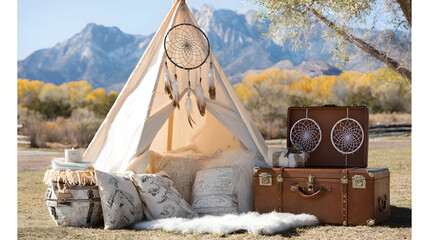tent setup with dreamcatchers, rugs, and vintage suitcases in a desert scene