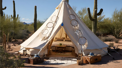 tent setup with dreamcatchers, rugs, and vintage suitcases in a desert scene