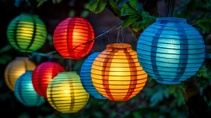paper lanterns strung across a serene garden party setup in twilight ambiance