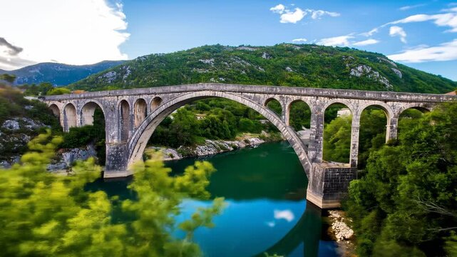 Ancient stone arch bridge over a serene river