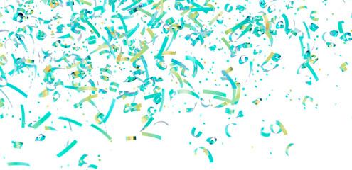Celebrate with this festive image of teal and gold confetti falling on a white background. Perfect for party invitations, banners, and more!