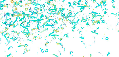 Celebrate with this festive image of teal and gold confetti falling on a white background. Perfect for party invitations, banners, and more!