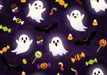 Halloween pattern with cute ghosts and candies