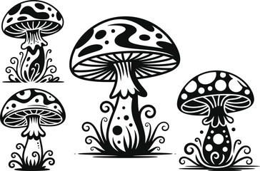 Black and White Mushroom Illustrations Fungi Nature Design Elements Graphic Prints