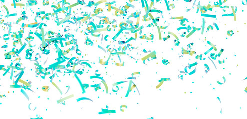 High-quality photo of teal and gold confetti falling on a white background. Perfect for celebrations, parties, and festive designs.
