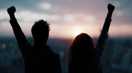 Celebrating a successful milestone in an urban setting at sunset