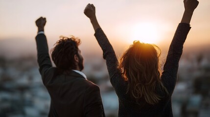 Celebrating a successful milestone on an urban rooftop at sunset