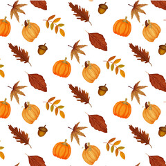 Seamless Autumn Pattern with Pumpkin, Acorn, and Fall Leaves