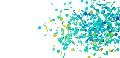 Bright teal and yellow confetti falling on white. Perfect for party invitations, banners, and celebratory designs.