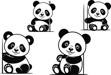 Cute Panda Bears Black and White Cartoon Illustrations for Design Projects