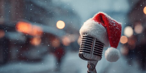Winter Microphone. Vintage Microphone with Santa Hat in Festive Winter Scenery