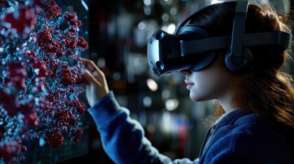 Young woman using VR headset to interact with 3D molecular model.