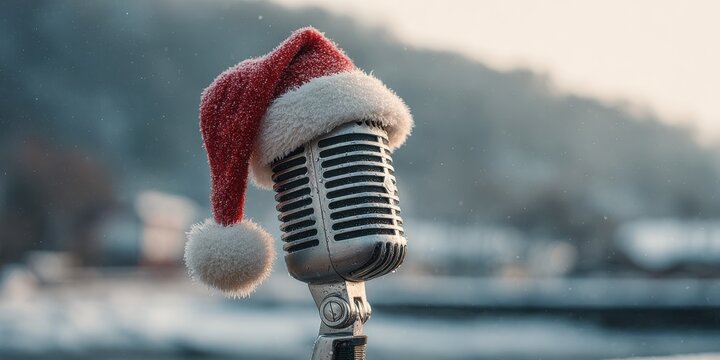 Winter Microphone. Vintage Retro Microphone with Santa Hat on Snowy Winter Scene