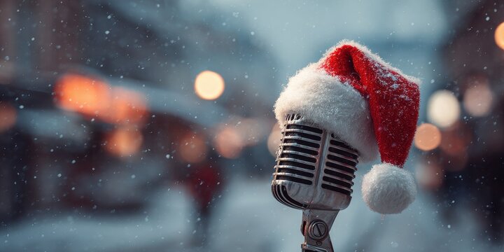 Winter Microphone. Vintage Microphone with Santa Hat in Festive Winter Scenery