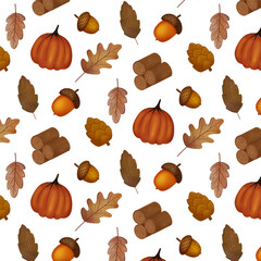 Seamless Autumn Pattern with Pumpkin, Acorn, Timber, and Fall Leaves