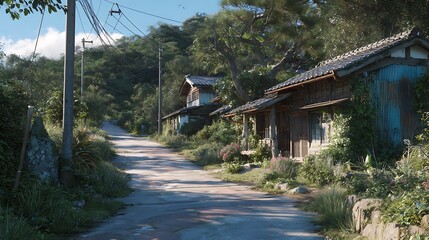 Lush Green Country Road and Old Houses in Rural Japan / 緑豊かな日本の田舎道と古い家々