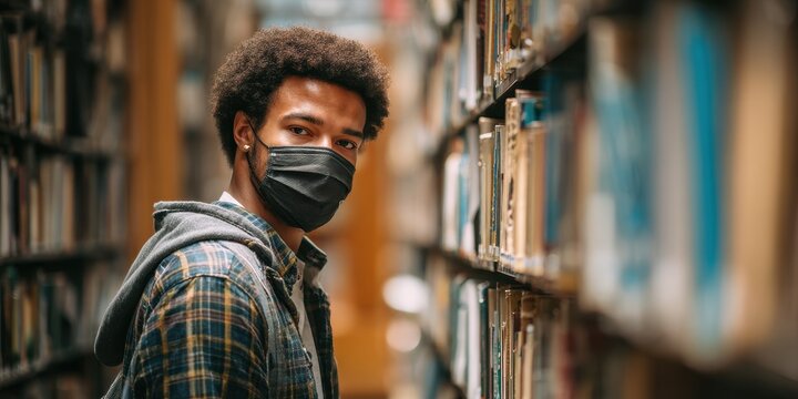 Young African-American Man in Mask Searching for Book in Library