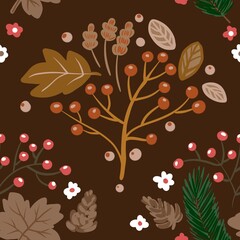 Autum Winter Pattern Background Illustration For Cover, Banner, Notes. Fall Winter Aesthetic Background.  Plant And Flower Pattern Background.