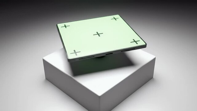Green Screen Tablet Mockup with Tracking Markers on White Pedestal for Digital Content Display and Advertising