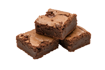 Delicious fudge brownies stacked on top of each other, isolated on a white background.