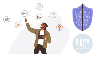 Person with tablet explaining network links between icons of house, airplane, laptop, shield, and graphs. Ideal for technology, cybersecurity, data analysis, network systems connectivity