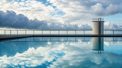 Obraz premium Serene Reflections in Clean Water Pool Under Dramatic Cloudy Sky