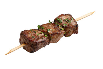 Delicious grilled beef skewer with fresh herbs on a wooden stick, isolated on a white background.