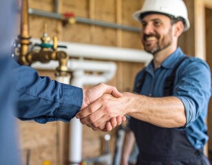 Agreement Sealed Smiling Contractor Shakes Hands in Utility Room.