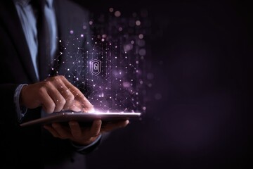 Businessperson using tablet with security overlay