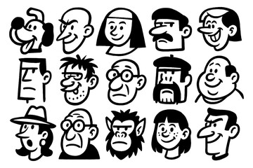 Cartoon character faces collection with quirky expressions and playful doodle style, Transparent Background