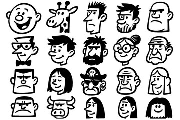 Cartoon character faces collection with quirky expressions and playful doodle style, Transparent Background