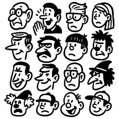 Cartoon character faces collection with quirky expressions and playful doodle style, Transparent Background