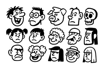 Cartoon character faces collection with quirky expressions and playful doodle style, Transparent Background