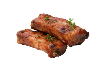 Delicious grilled ribs garnished with fresh herbs. Perfect for BBQ lovers and culinary enthusiasts.
