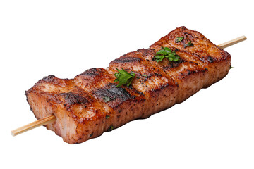 Delicious grilled salmon skewers garnished with herbs, isolated on a white background.
