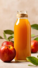 Nectarine juice in glass bottle, natural texture background with clean side space for nutrition label