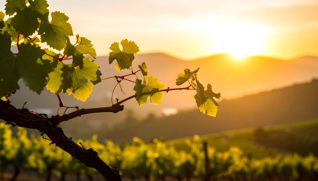 Vineyard at Sunset: Golden Hour Light on Grapevines