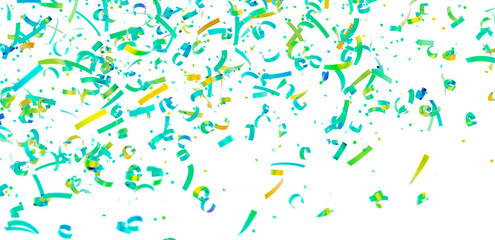 Bright teal, green, and yellow confetti falling on white. Perfect for party invitations, celebrations, and festive designs.