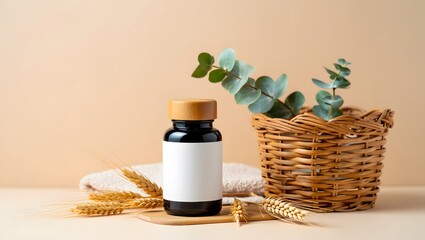 Natural Skincare Bottle with Eucalyptus and Wheat Decor