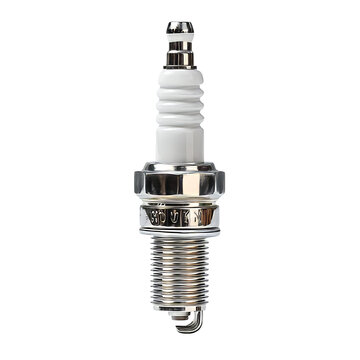 Close-up of a metallic spark plug with ceramic insulator and threaded electrode on transparent background