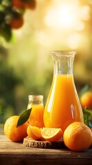 Orange juice in carafe with oranges around, morning sunlight and upper area empty for message