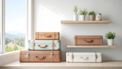 Fototapeta premium Vintage Suitcases on Wooden Shelves Near a Window with a View
